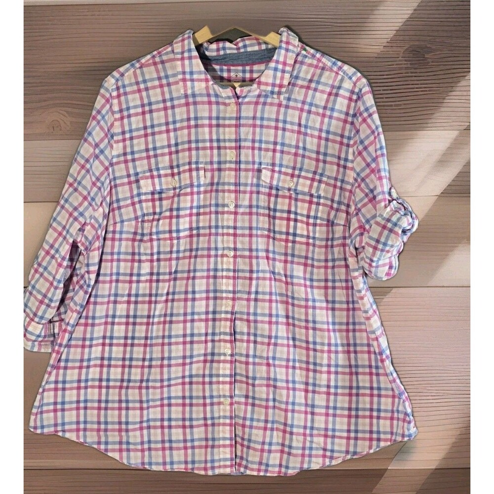 St. John's Bay Plaid Cottagecore Button Down Shirt Women's 2X Pink Blue
